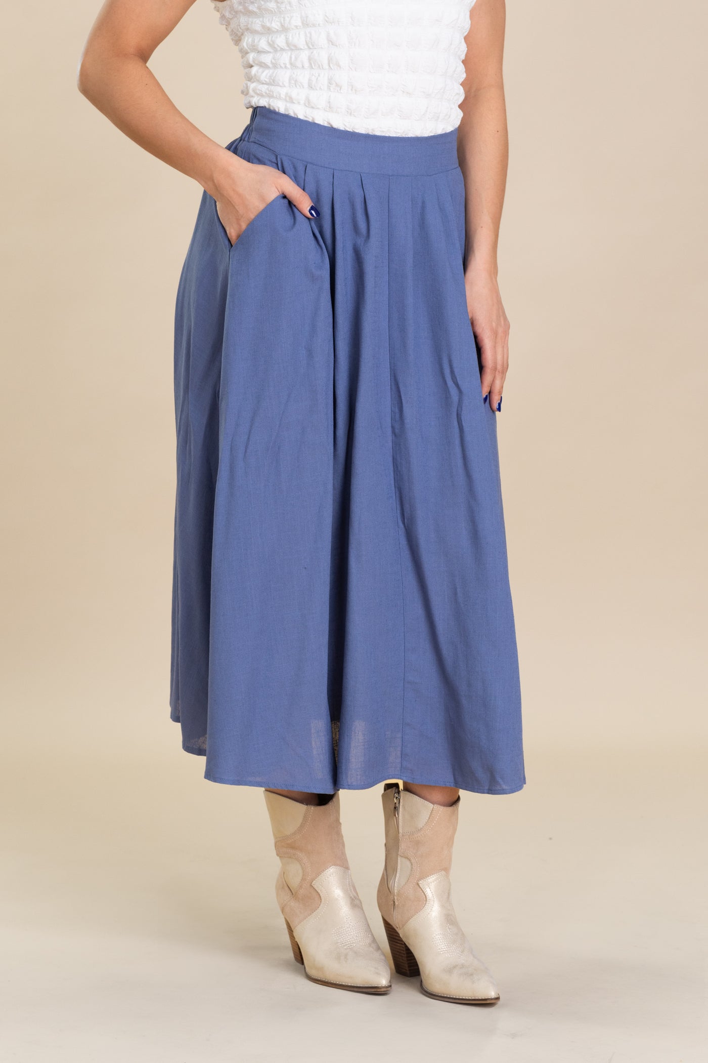 Slate Blue Front Pleats Elastic Maxi Skirt