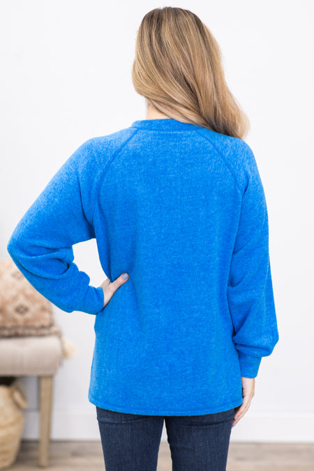 Blue Brushed Melange Button Knit Top