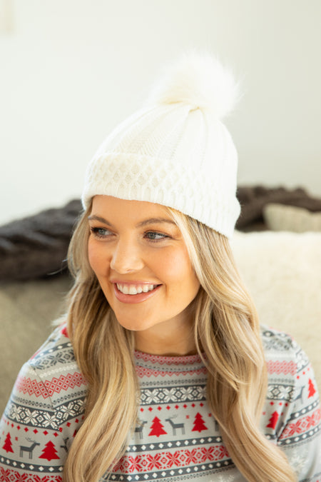 Ivory Lined Beanie With Pom