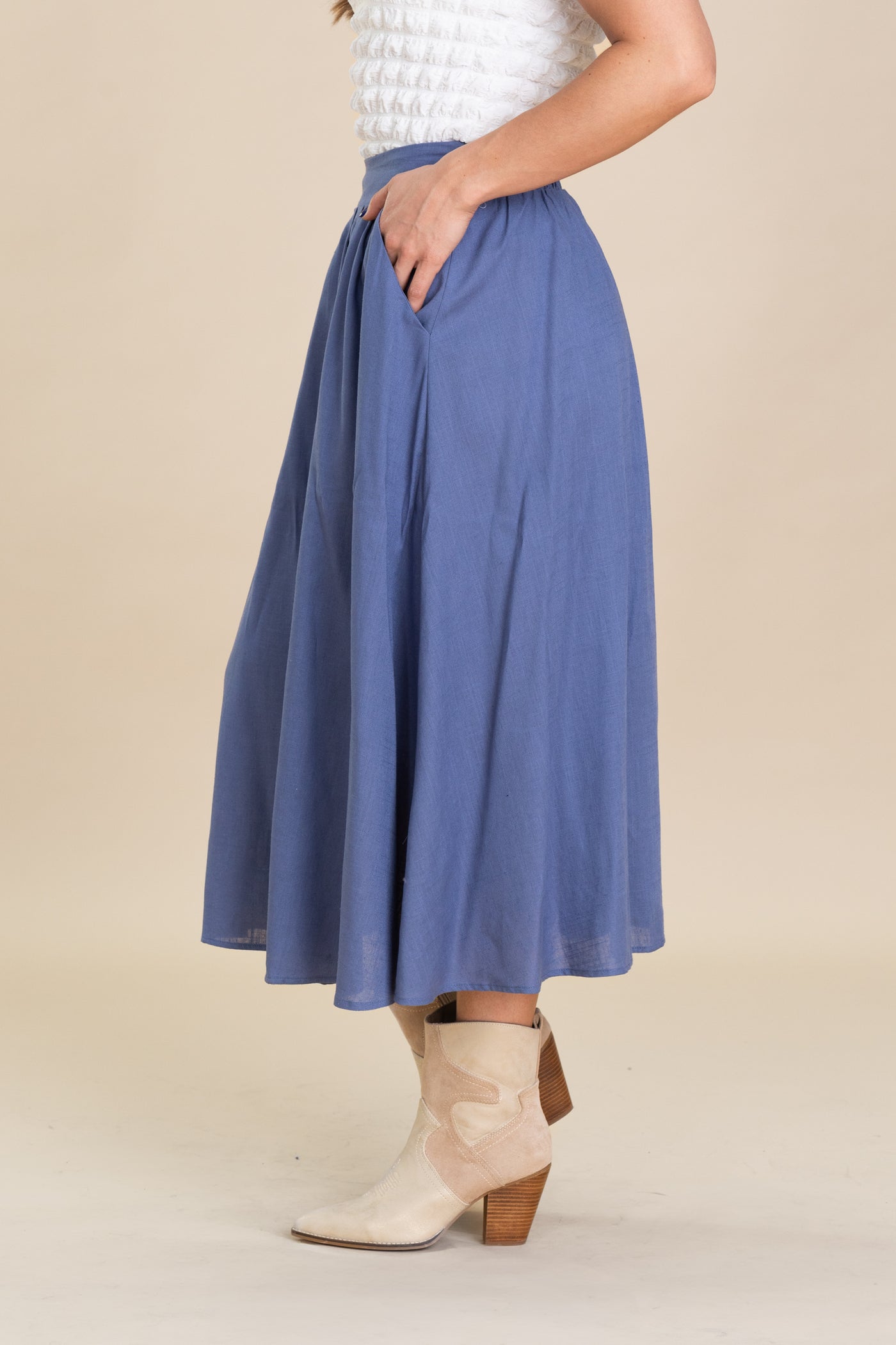 Slate Blue Front Pleats Elastic Maxi Skirt