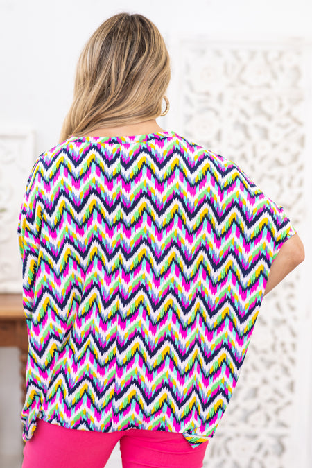 Navy Multicolor Chevron Wrinkle Free Top