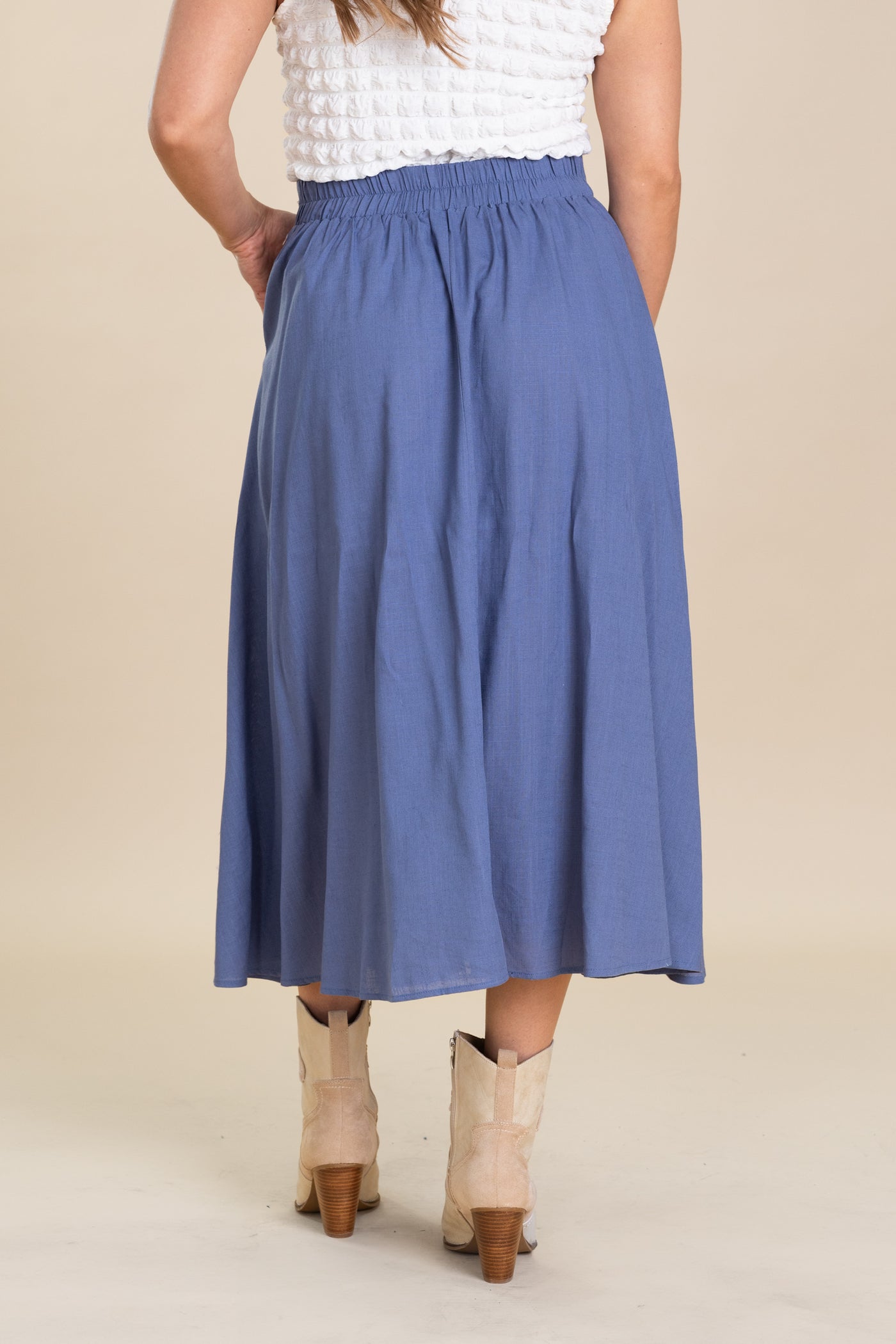 Slate Blue Front Pleats Elastic Maxi Skirt