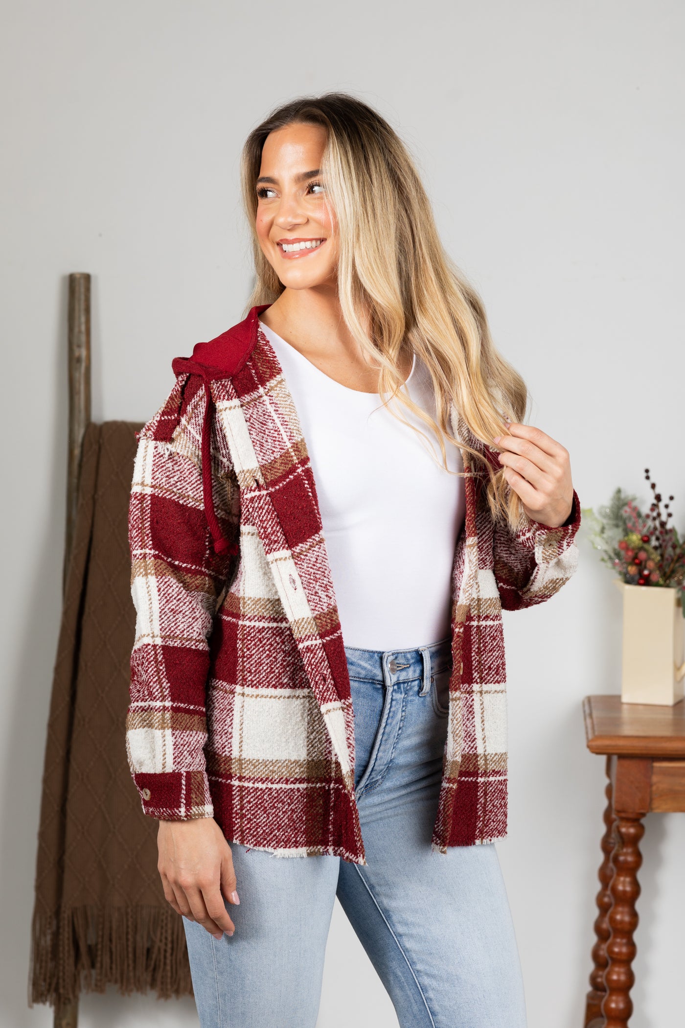 Wine Oversized Plaid Casual Hoodie Shacket