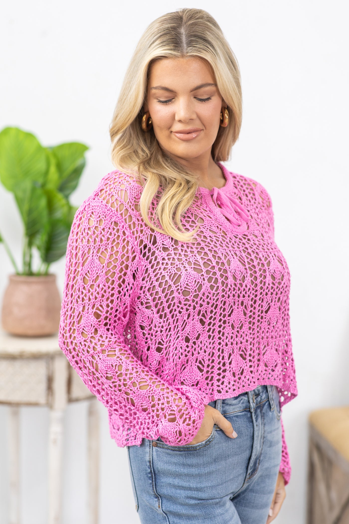 Pink Soft Loose Crochet Boho Knit Top