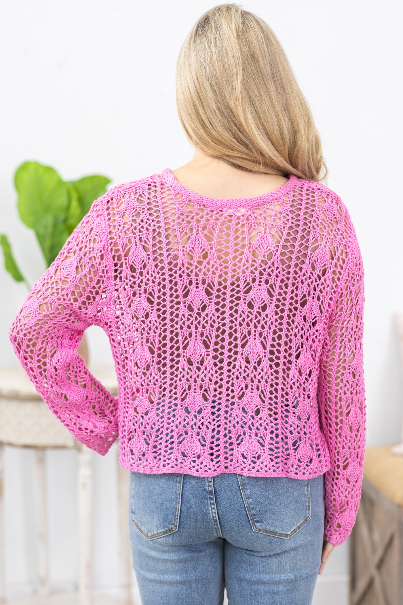 Pink Soft Loose Crochet Boho Knit Top