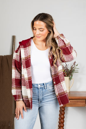 Wine Oversized Plaid Casual Hoodie Shacket