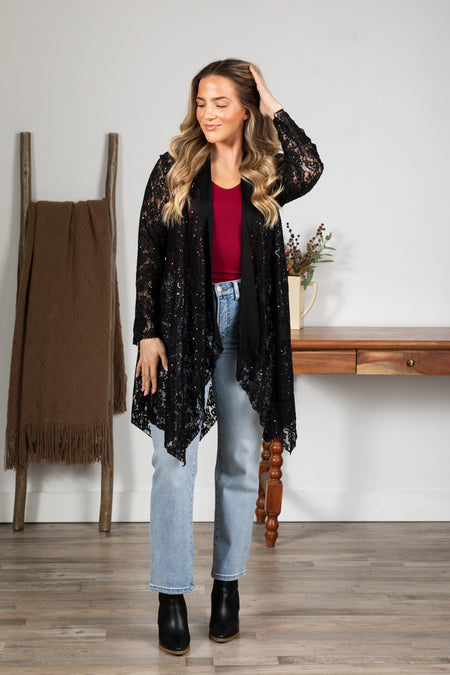 Black Sequins Lace Open Cardigan