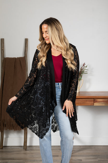 Black Sequins Lace Open Cardigan