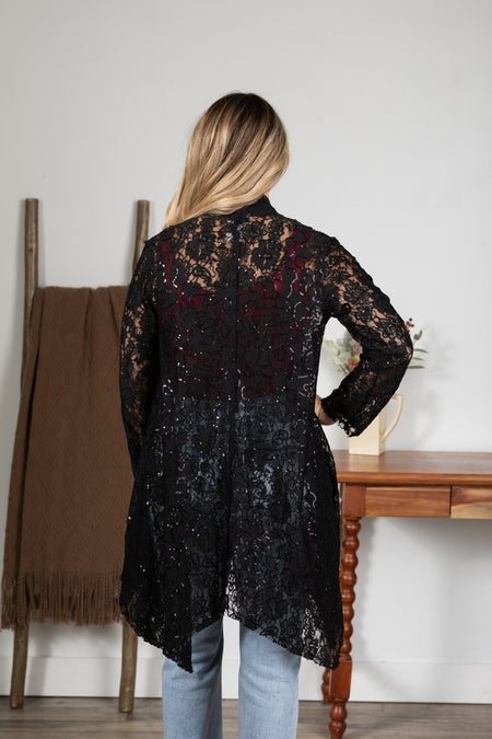 Black Sequins Lace Open Cardigan