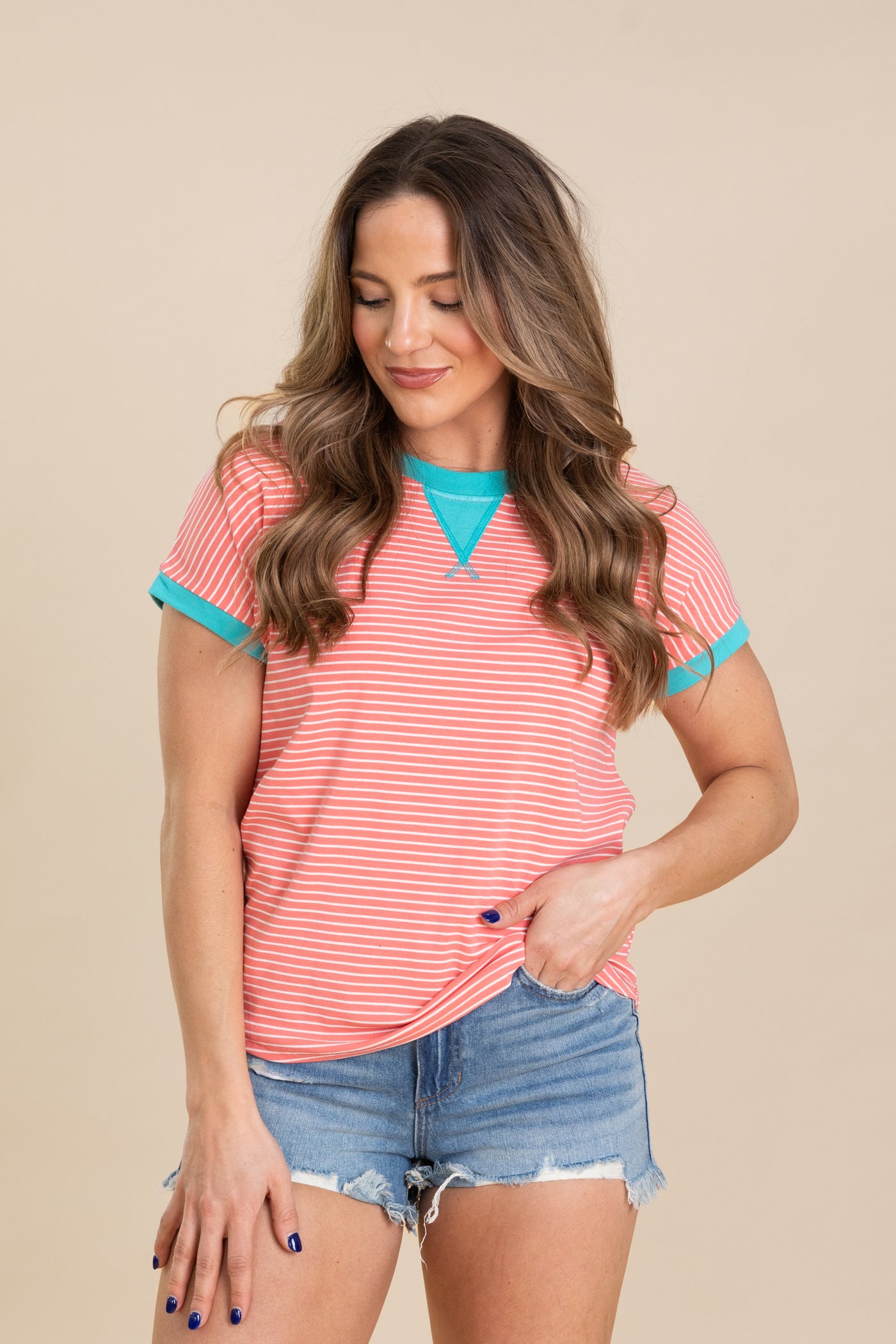 Coral And Teal Round Neck Stripe Knit Top