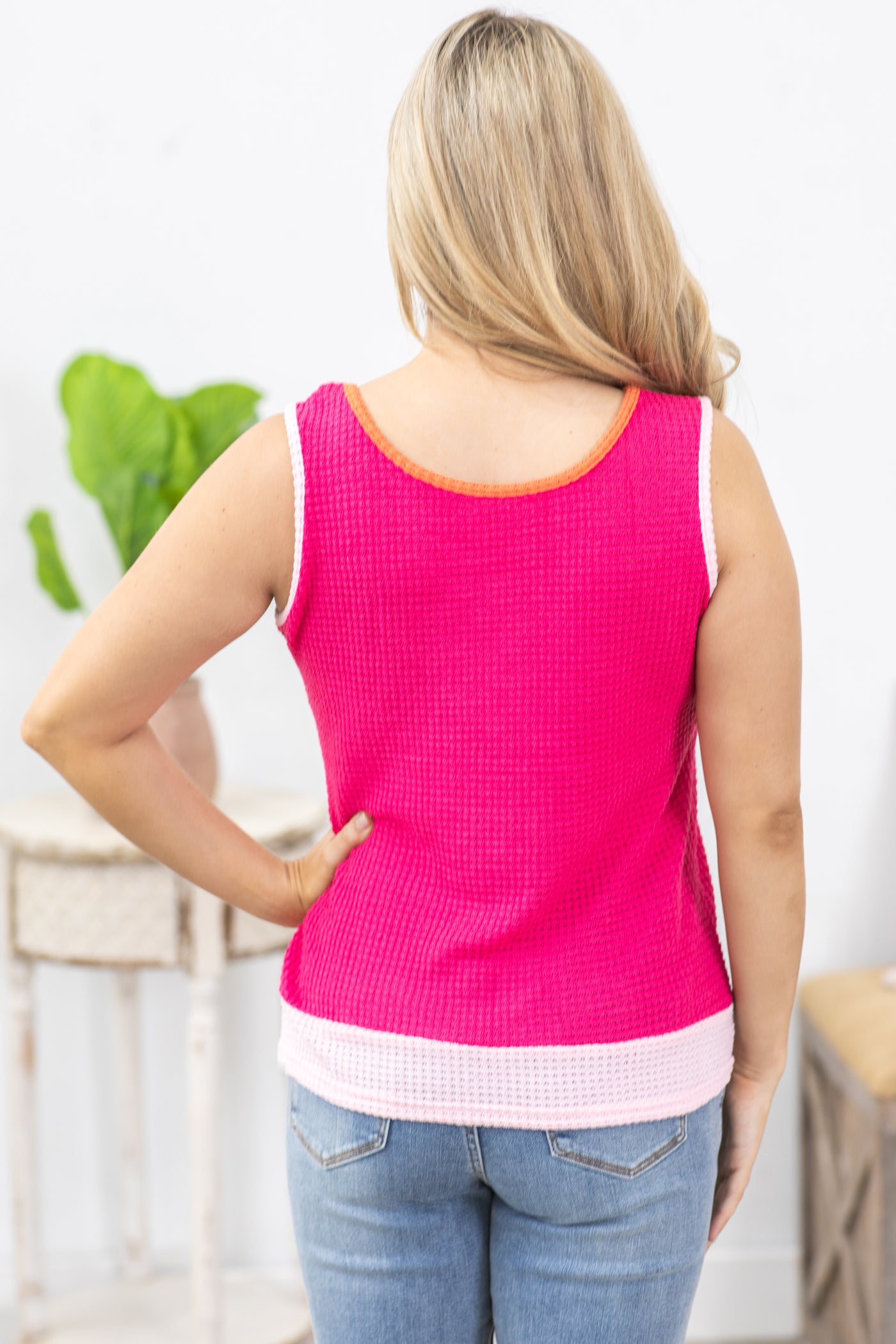 Hot Pink Colorblock Waffle Knit Tank Top