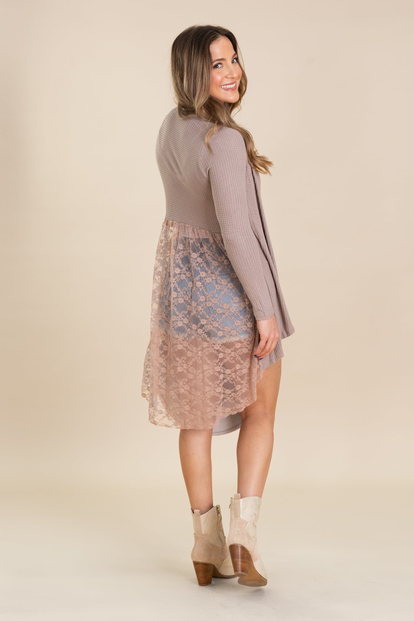 Taupe Lace Contrast Back Cardigan