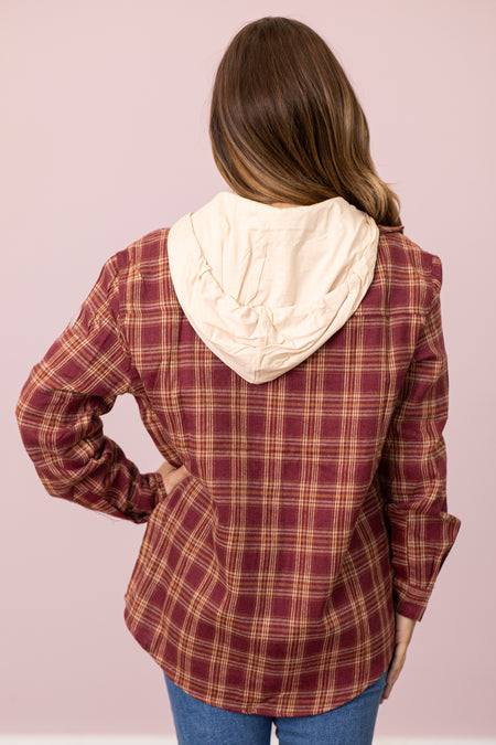 Burgundy and Tan Plaid Hooded Button Up Top