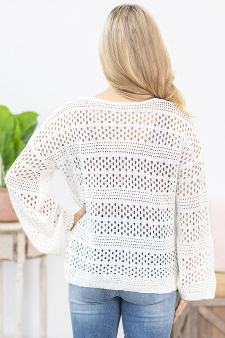 White Hollow Crochet V-Neck Pullover Knit Top