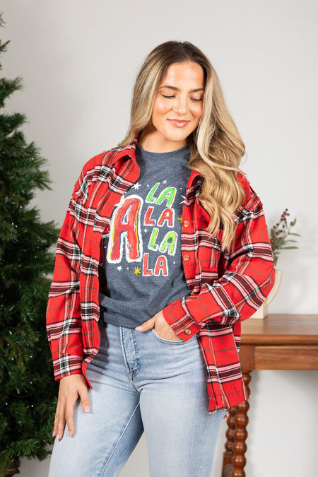 Red With Black Plaid Button Up Woven Top