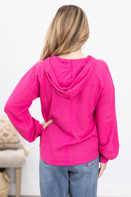 Hot Pink V-Neck Hoodie Knit Top