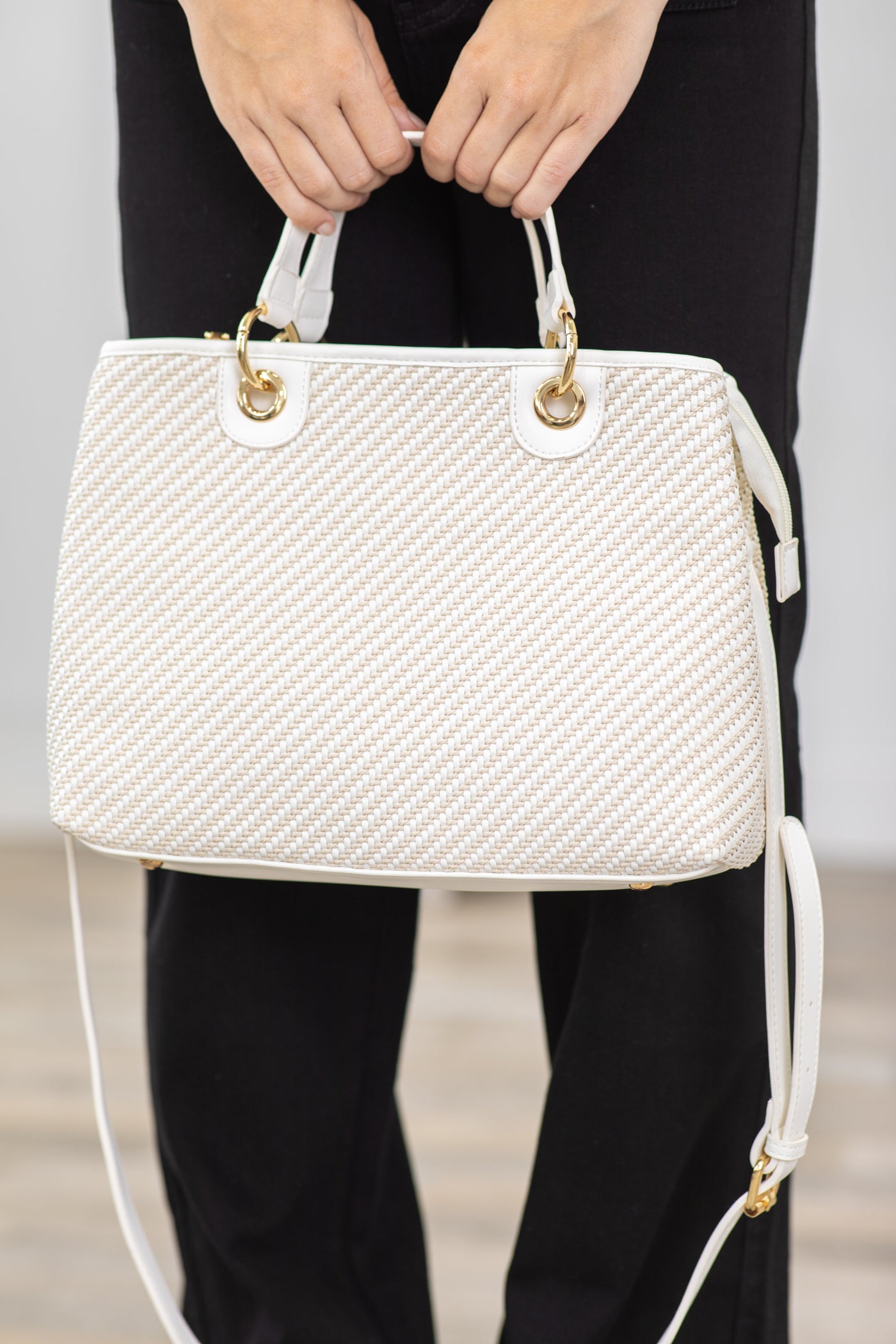 White and Beige Woven Bag