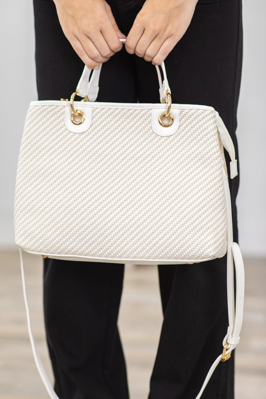 White and Beige Woven Bag