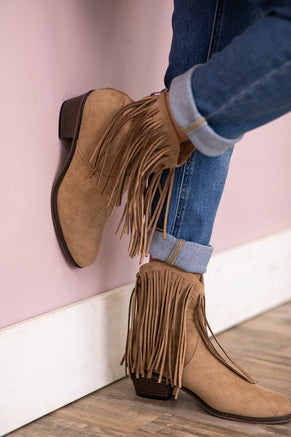 Tan Faux Suede Fringe Detail Booties