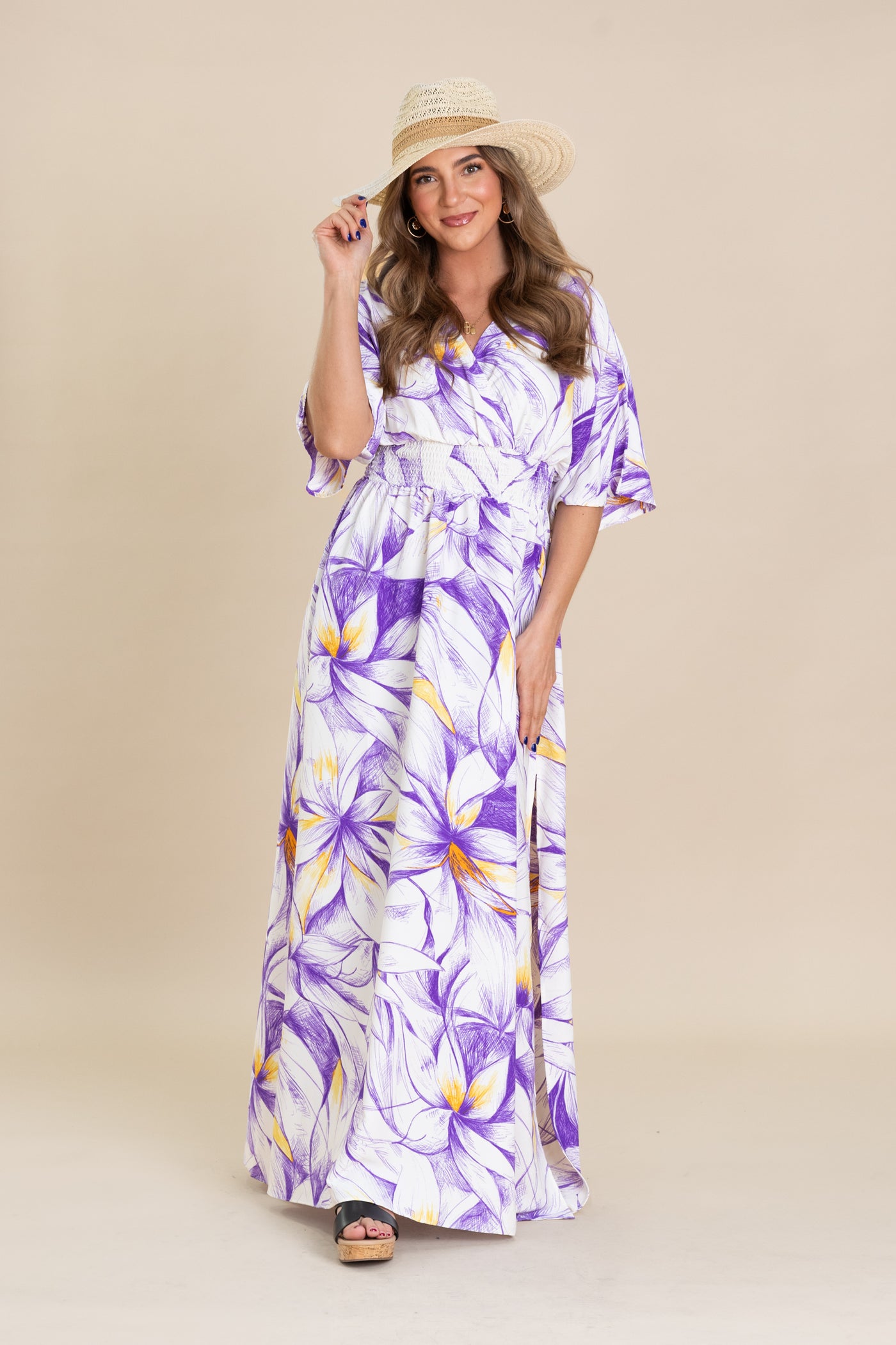 Purple And Off White Floral Print Maxi Dress