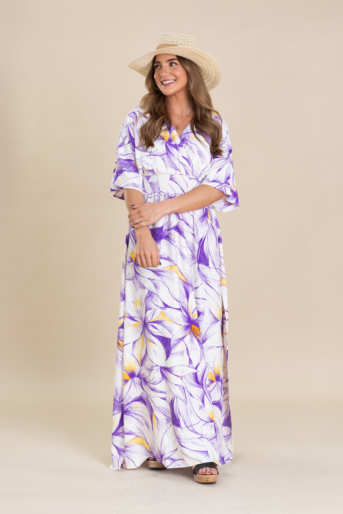 Purple And Off White Floral Print Maxi Dress