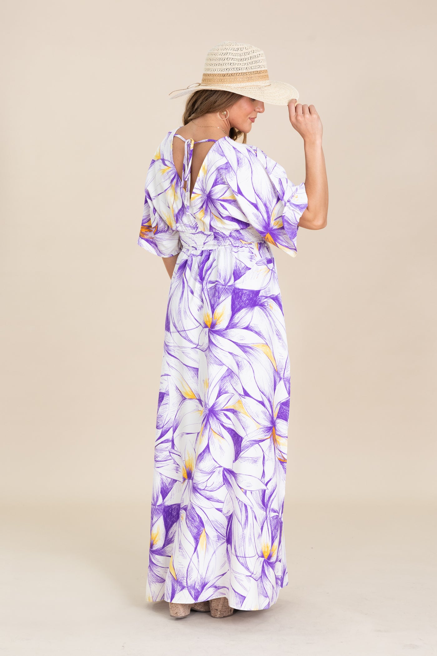 Purple And Off White Floral Print Maxi Dress