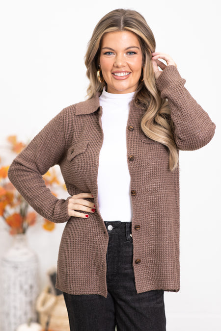 Brown Waffle Knit Sweater Jacket