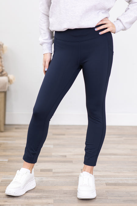 Navy Wide Waistband Leggings With Pocket