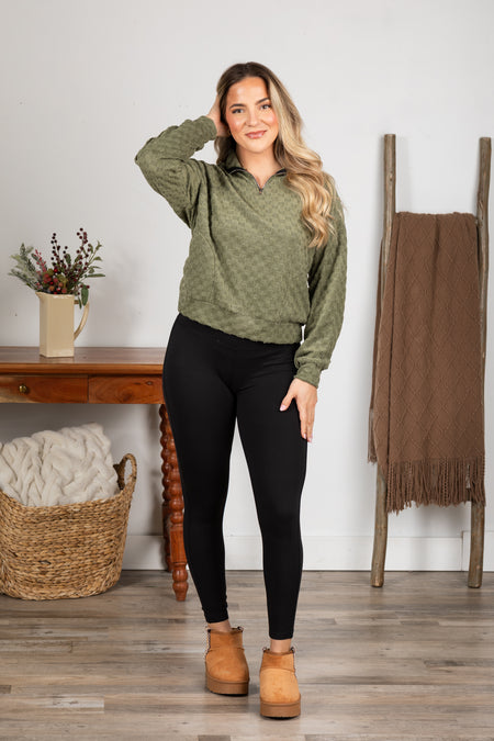 Fuzzy Checkered 1/4 Zip Knit Top