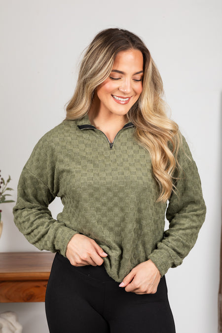 Fuzzy Checkered 1/4 Zip Knit Top