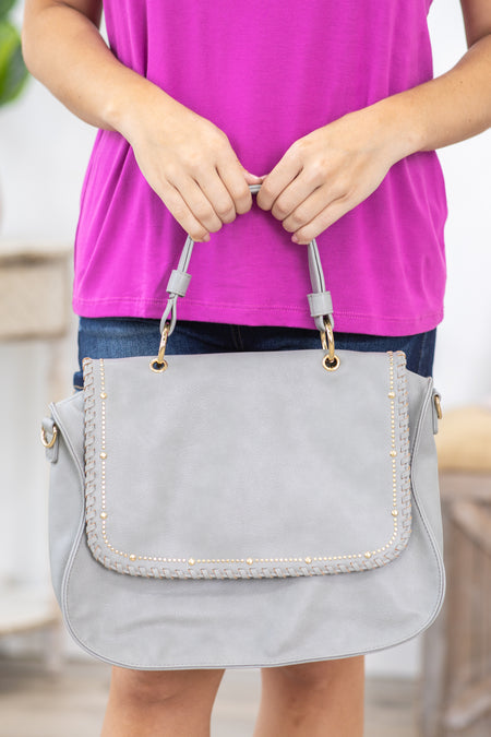 Grey Satchel Bag With Gold Stud Detail