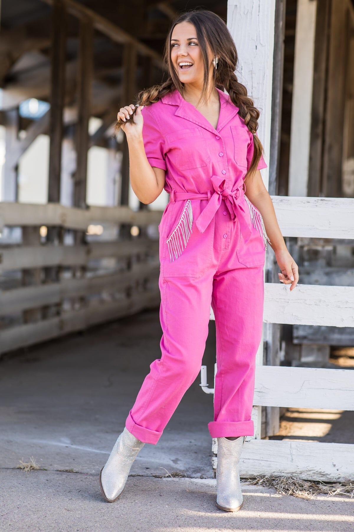 Hot Pink Long Sleeve Romper With Pockets · Filly Flair