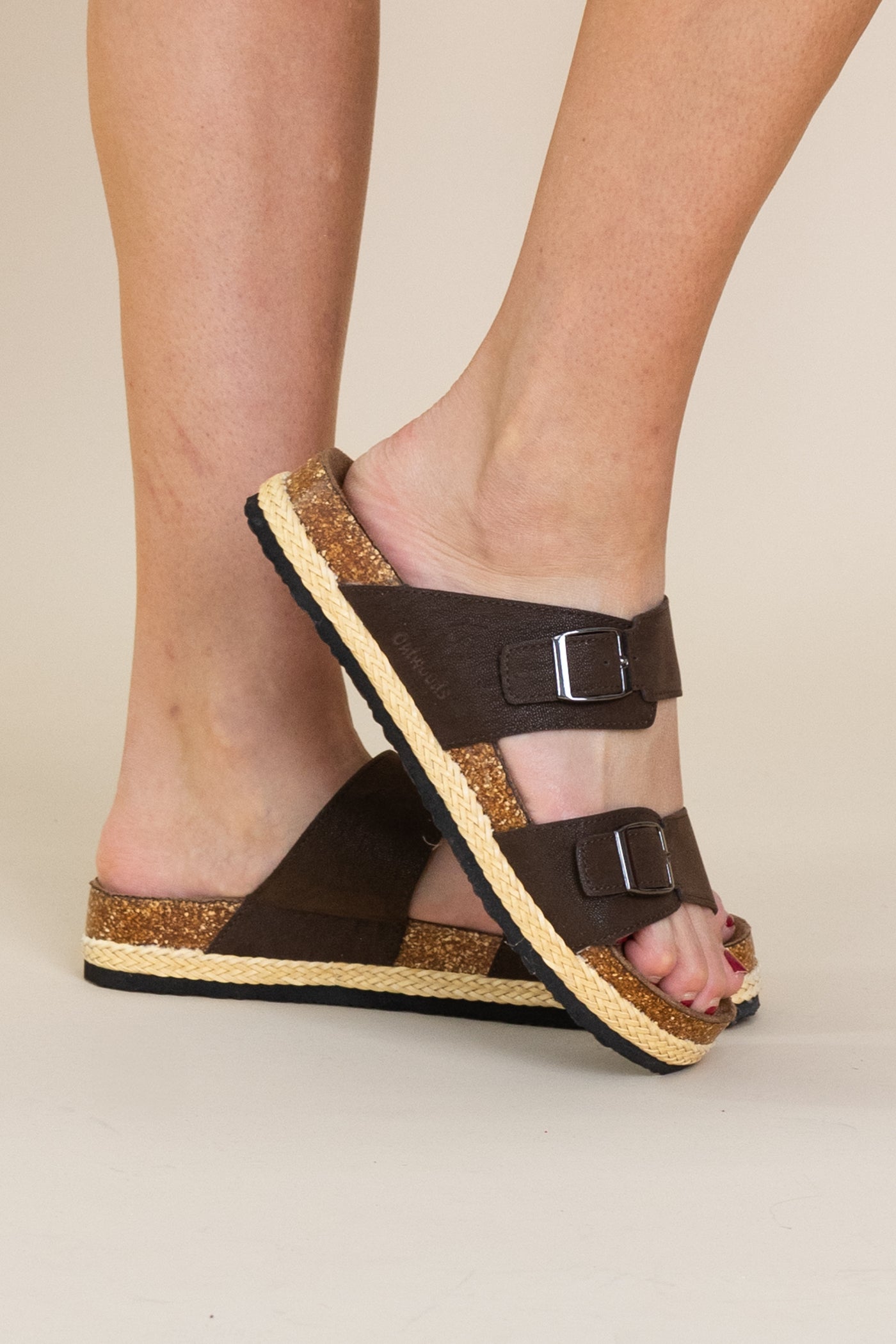 Flatbed Sandals With Double Strap Buckles