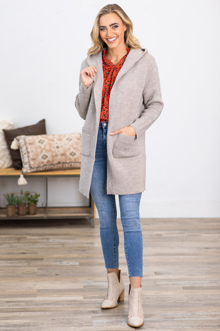 Heathered Grey Hooded Cardigan With Pockets