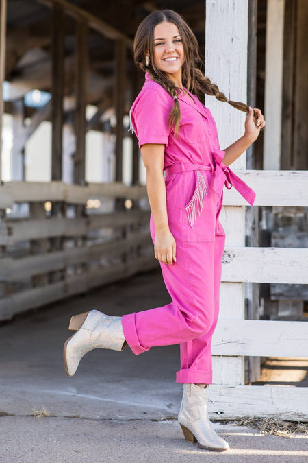 Pink Denim Jumpsuit Beaded Fringe Trim - Filly Flair