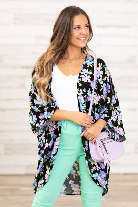 Black and Lavender Multicolor Floral Kimono - Filly Flair