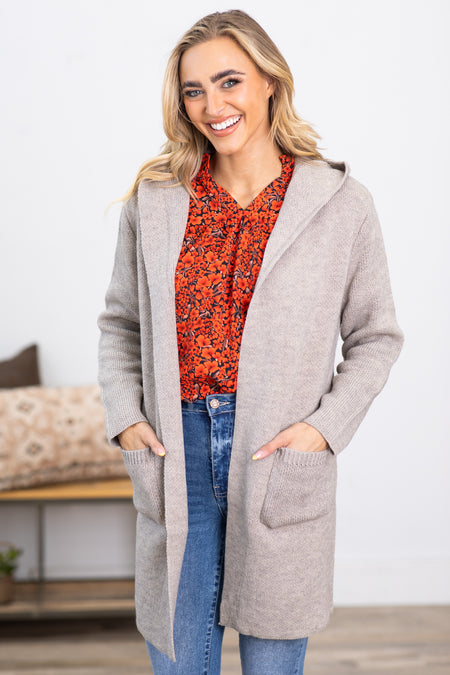 Heathered Grey Hooded Cardigan With Pockets