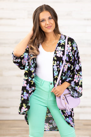 Black and Lavender Multicolor Floral Kimono - Filly Flair