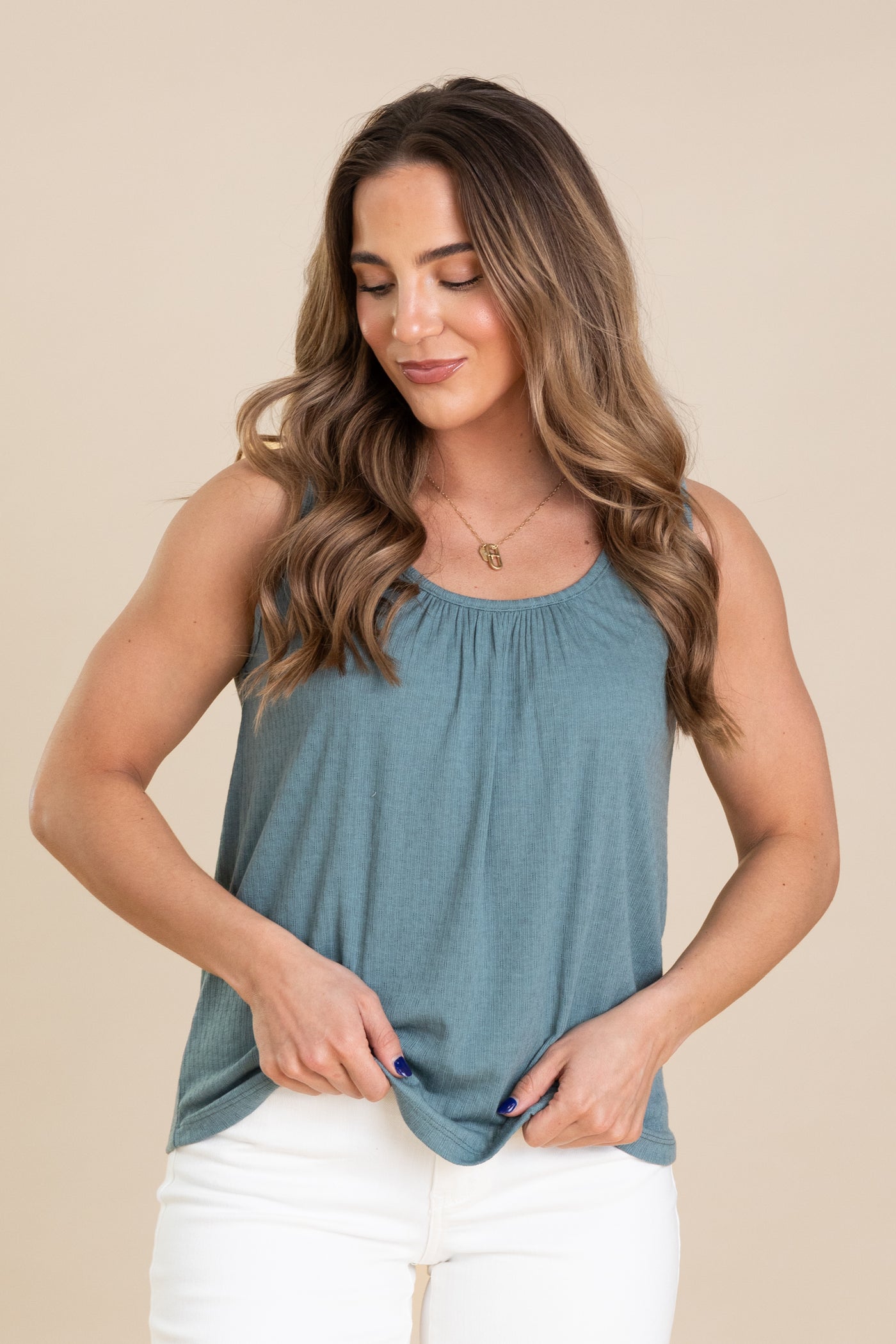 Gathered Round Neck pointelle Knit Tank Top