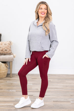 Burgundy Wide Waistband Leggings With Pocket