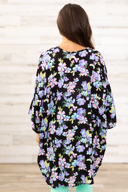 Black and Lavender Multicolor Floral Kimono - Filly Flair