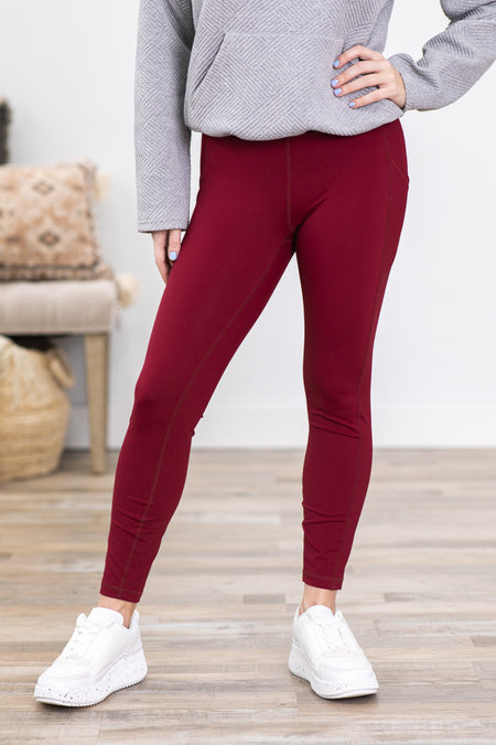 Burgundy Wide Waistband Leggings With Pocket