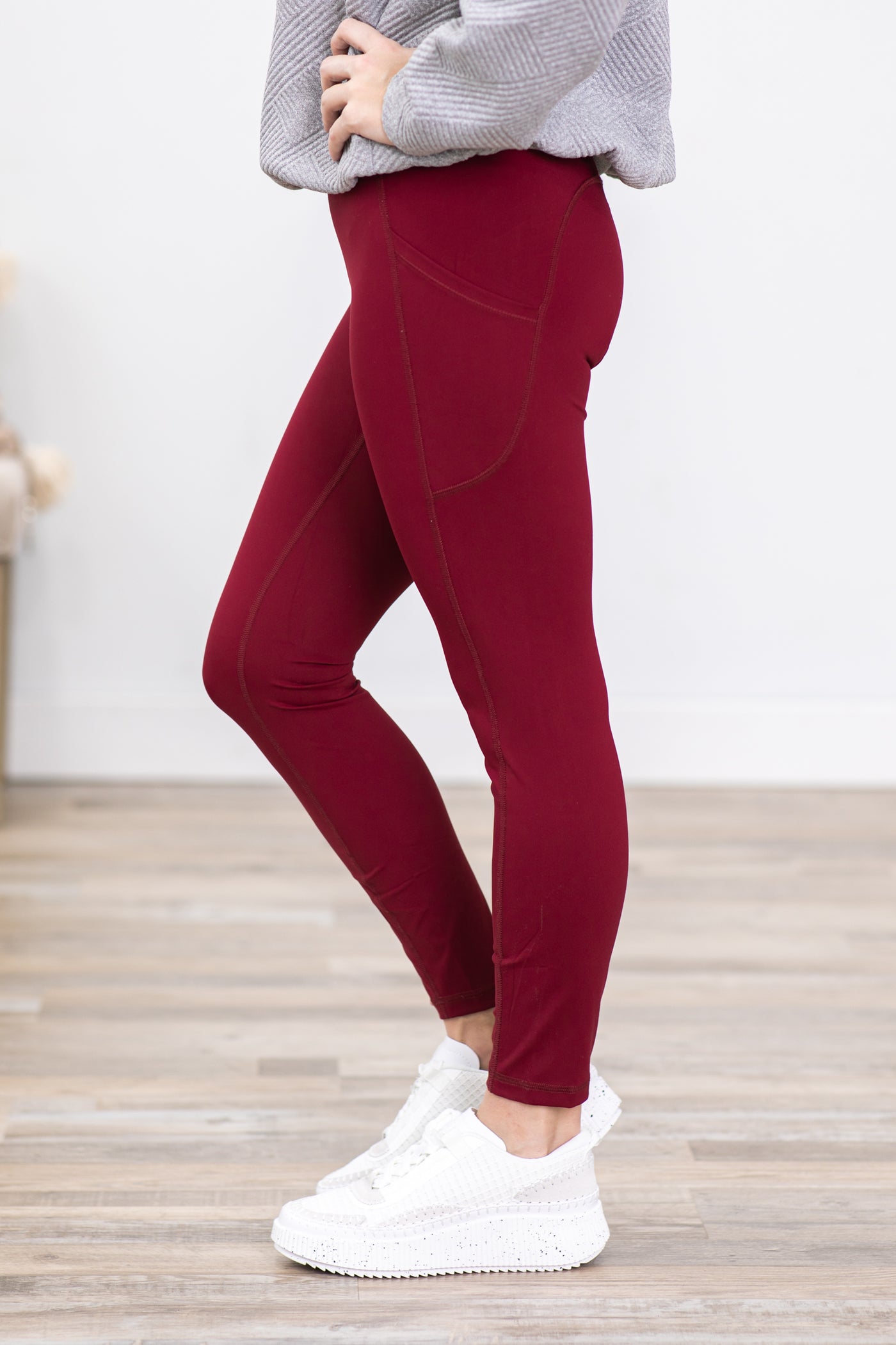 Burgundy Wide Waistband Leggings With Pocket · Filly Flair