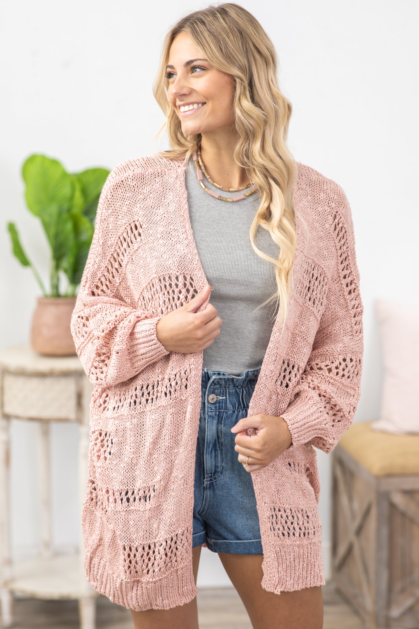 Pink Casual Hollowed Dolman Sleeve Cardigan