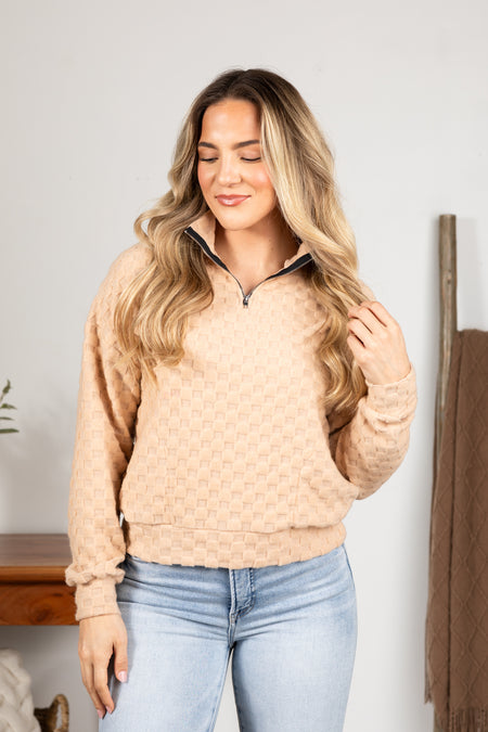 Fuzzy Checkered 1/4 Zip Knit Top