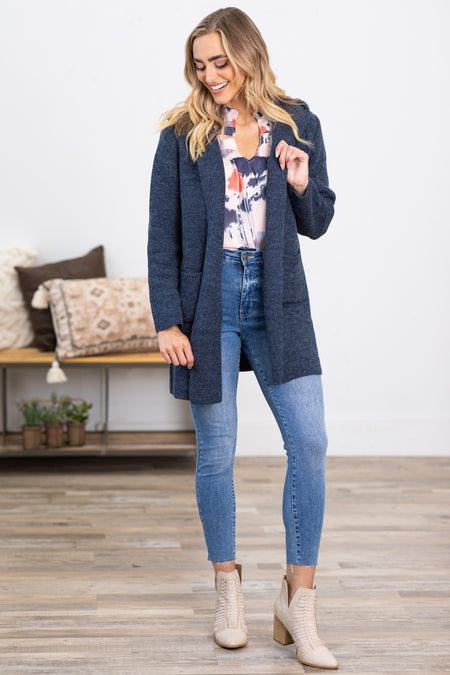 Navy Hooded Cardigan With Pockets