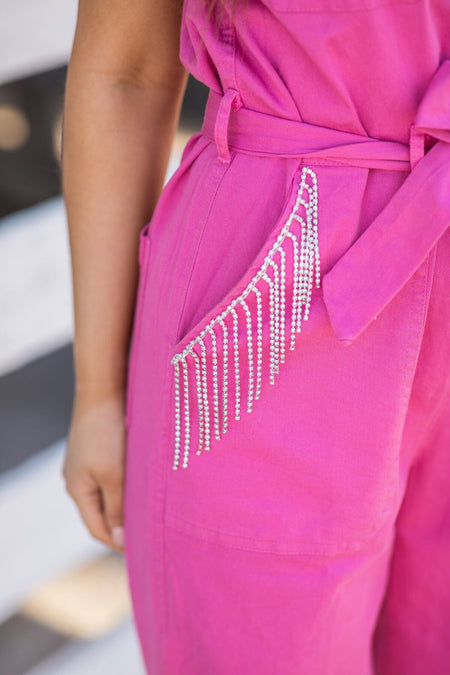 Pink Denim Jumpsuit Beaded Fringe Trim - Filly Flair