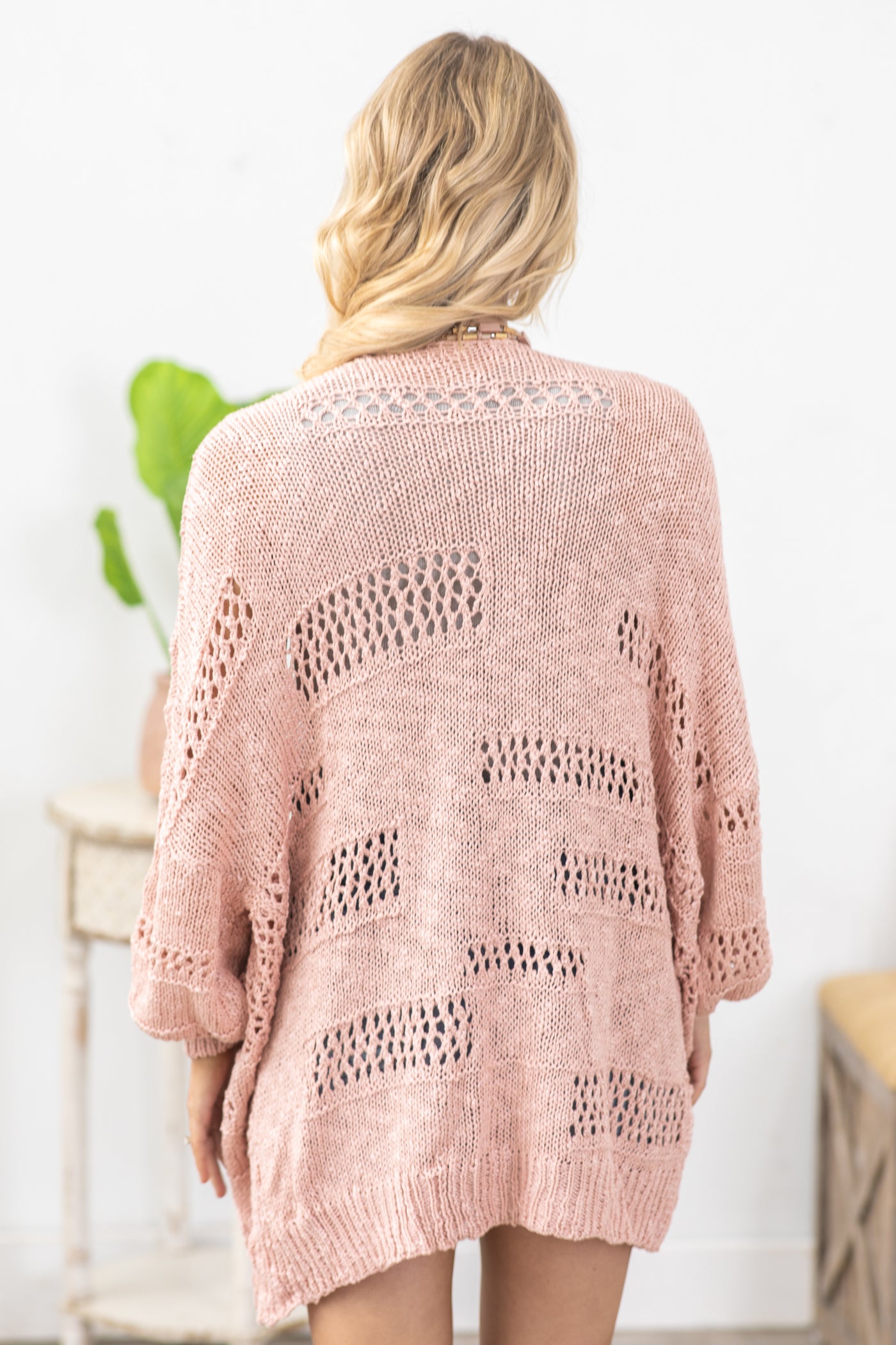 Pink Casual Hollowed Dolman Sleeve Cardigan