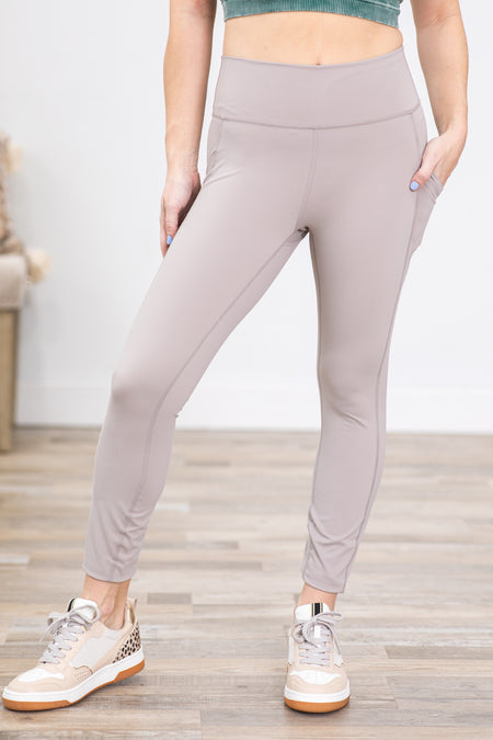 Dark Beige Wide Waistband Leggings With Pocket