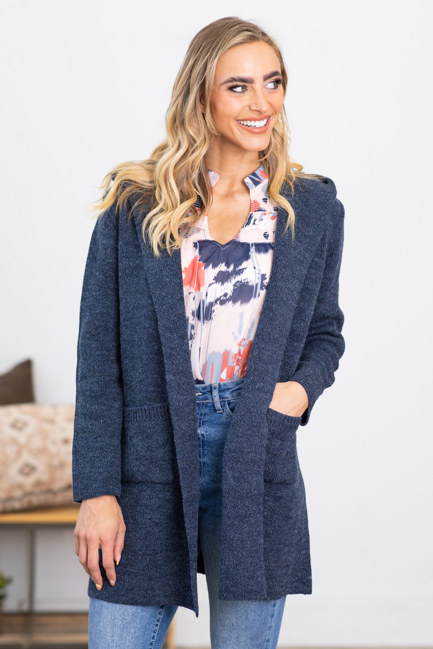 Navy Hooded Cardigan With Pockets